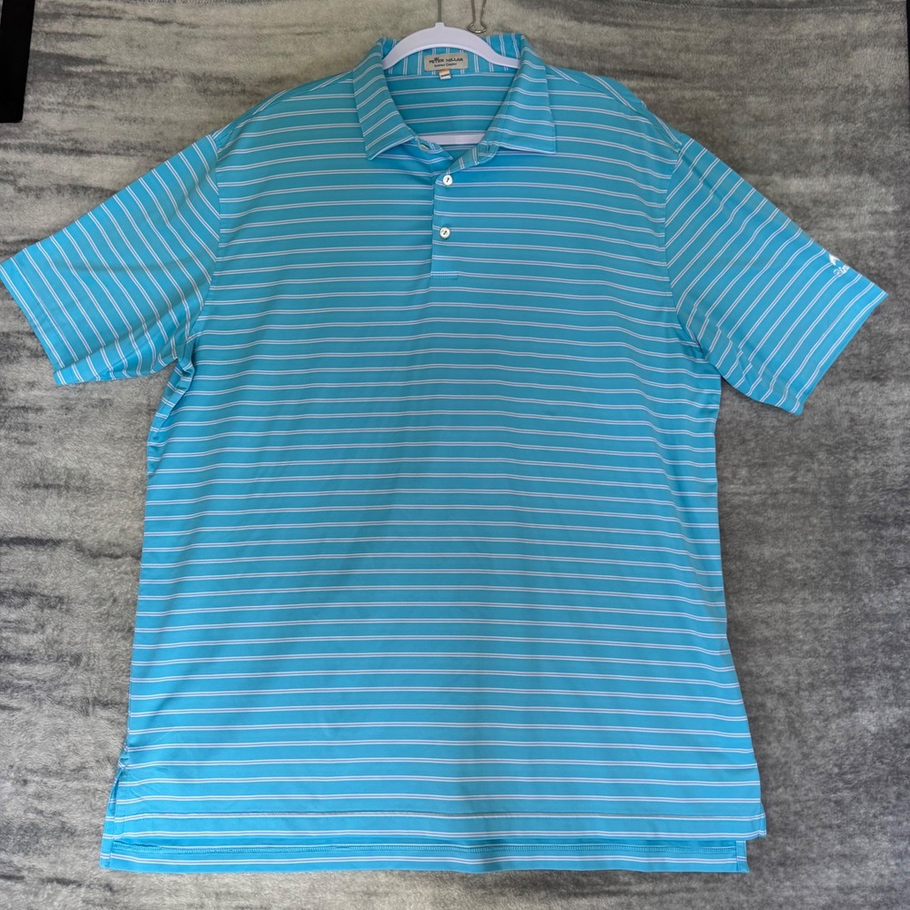 Peter Millar Summer Comfort Mens XL Turquoise Striped Pinnacle Golf Polo Shirt